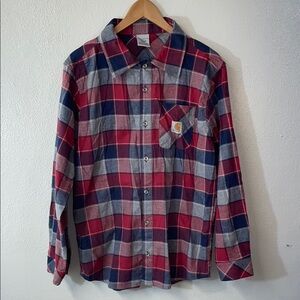 Carhartt Red Navy Blue Flannel Plaid Button Youth Shirt XL 16-18